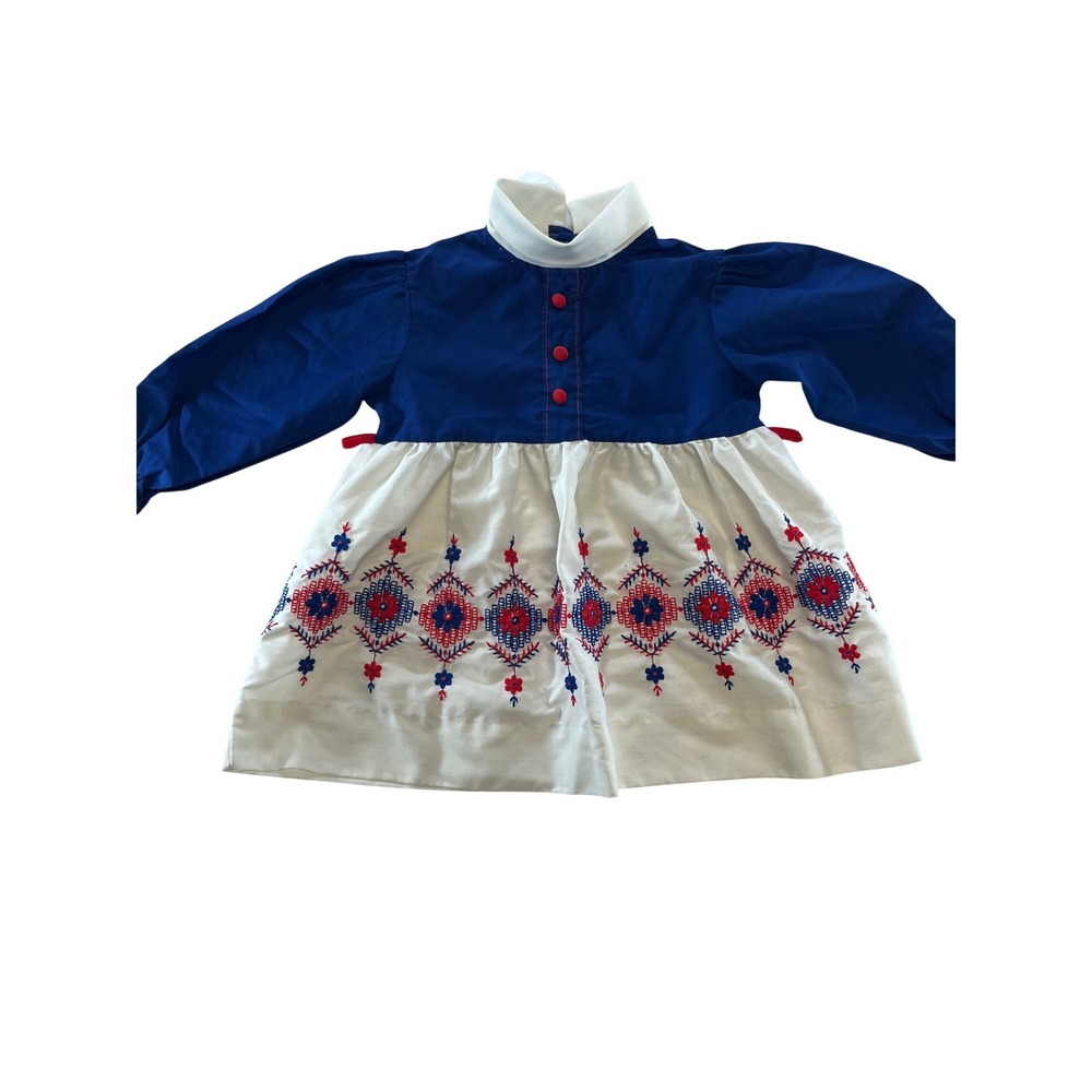 Vintage Kids‎ Blue White Red Embroidered Long Sleeve Dress Mock Neck Size 3 USA